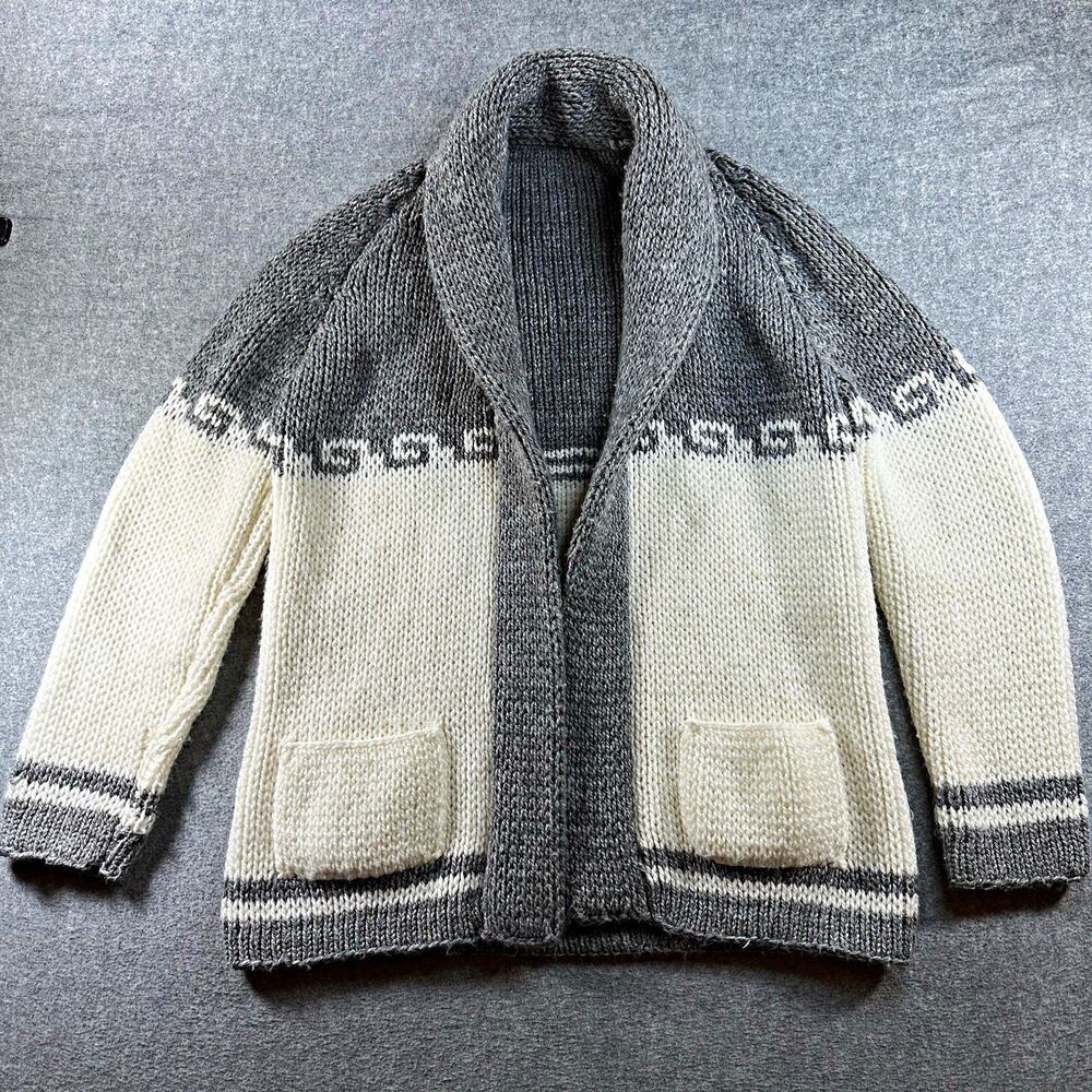 Gray White Chunky Knit Cardigan Shawl Collar Open Front Sweater Pockets